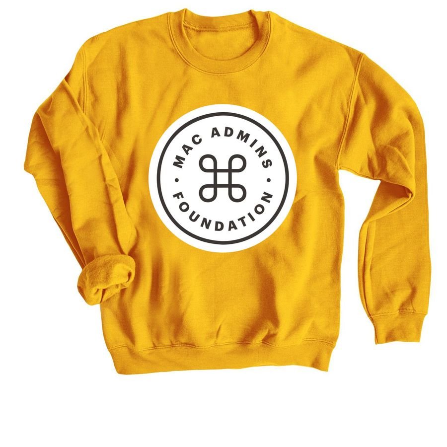 Gold crewneck sweatshirt with the white circular Mac Admins Foundation roundel logo