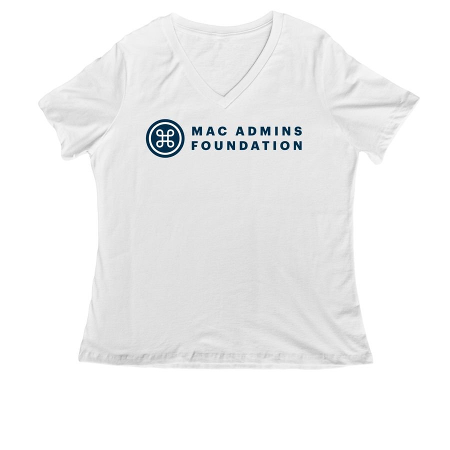 White V-neck t-shirt with the navy Mac Admins Foundation logo and wordmark