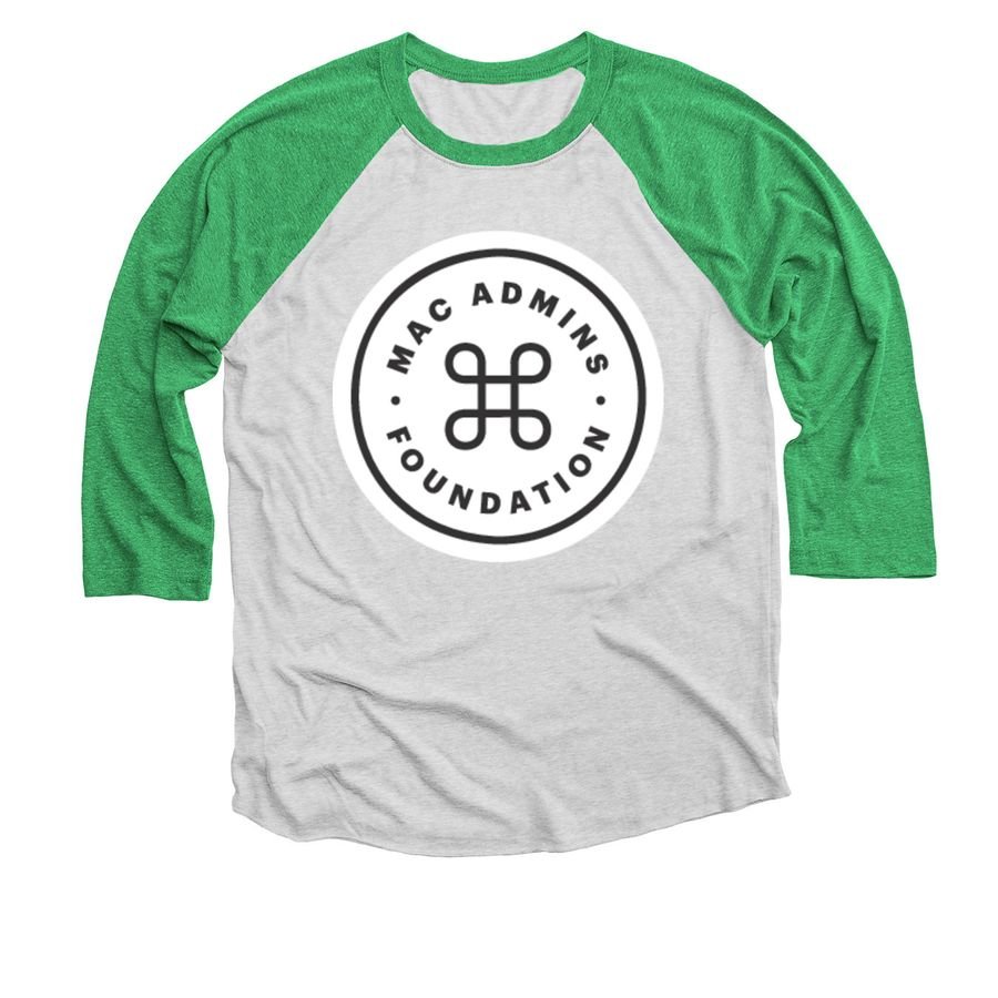 Green and grey raglan baseball tee with the black-and-white Mac Admins Foundation roundel logo