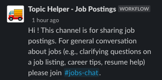 Slack thread showing the topic helper bot replying with channel information